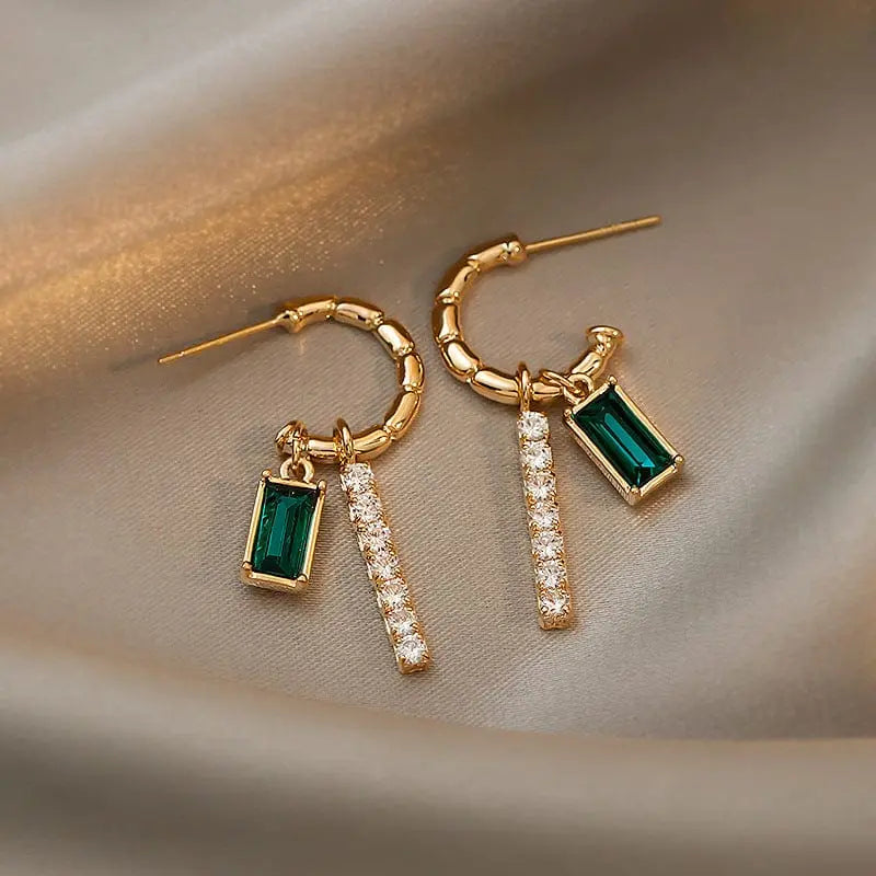 Green crystal rhinestone earrings with trendy alloy design, showcasing sparkling detail and stylish fashion jewelry.