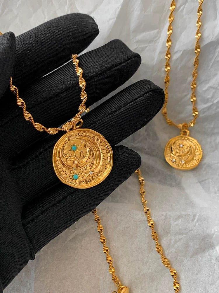 Turquoise star and moon necklace with vintage gold coin brass pendant, showcasing a delicate, light luxury design.