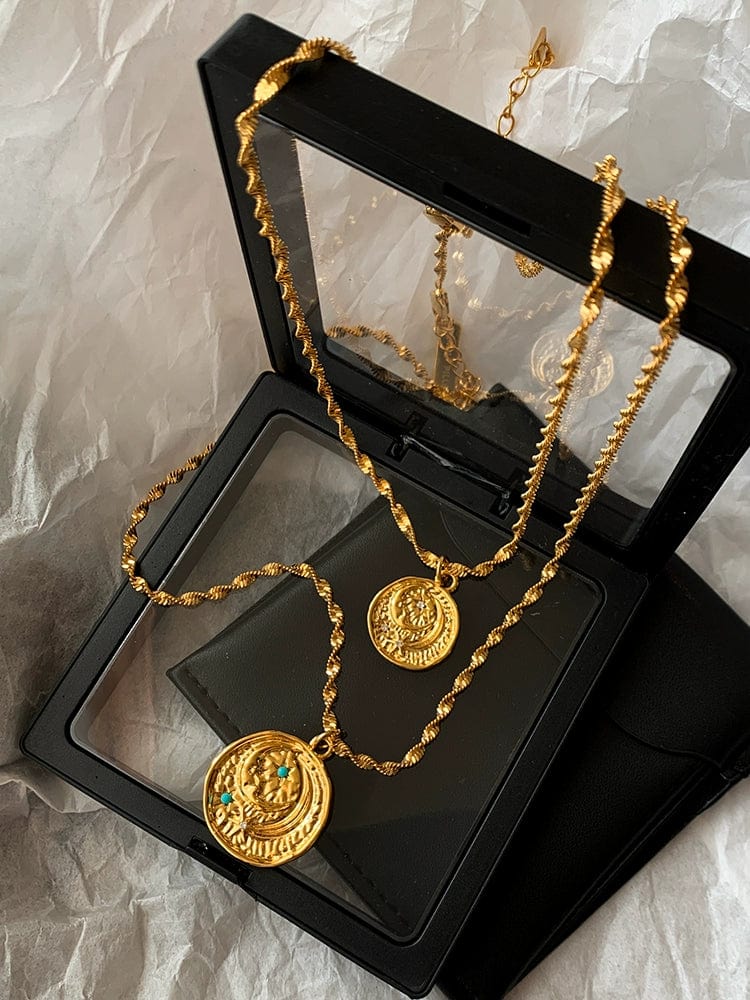 Turquoise star and moon pendant necklace with vintage gold coin brass charm, stylish jewelry for women, Showlu Fashion.