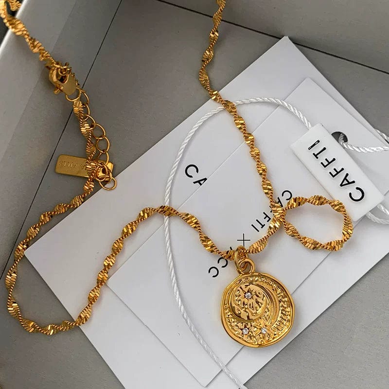 Turquoise star and moon pendant necklace with vintage gold coin brass charm, stylish women's jewelry, lightweight and elegant design