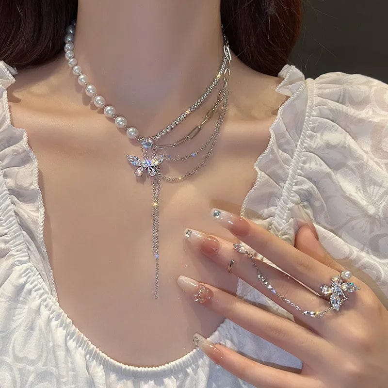 Double-layer pearl love pendant necklace by Showlu Fashion, elegant copper jewelry for women, suitable for weddings and parties