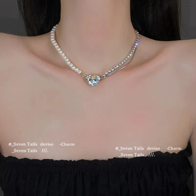 Elegant double-layer pearl love pendant necklace by Showlu Fashion, featuring copper jewelry for women, perfect for weddings and parties.