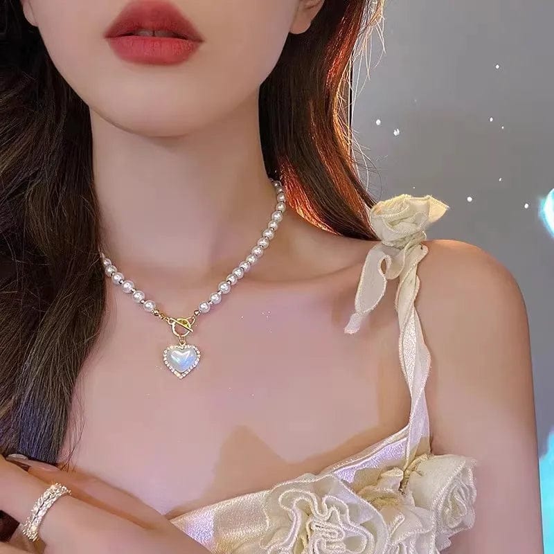 Elegant double-layer pearl love pendant necklace by Showlu Fashion, featuring copper jewelry for women, perfect for weddings or parties.
