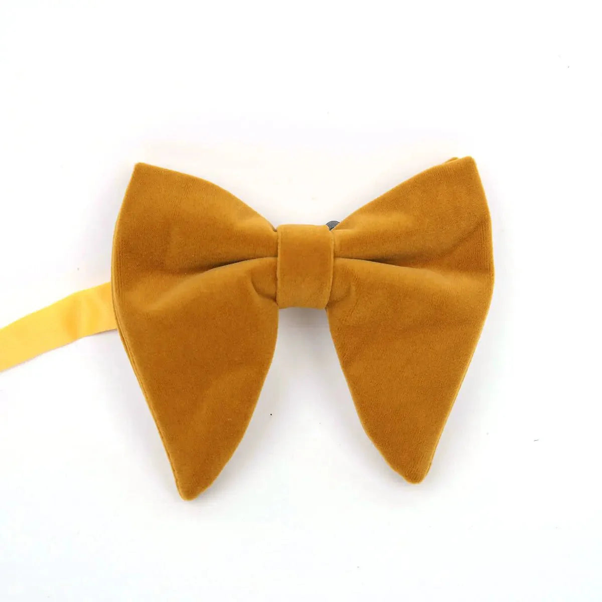 Large velvet bow tie for men, formal flannelette fabric, shown with a matching wedding or tuxedo outfit.