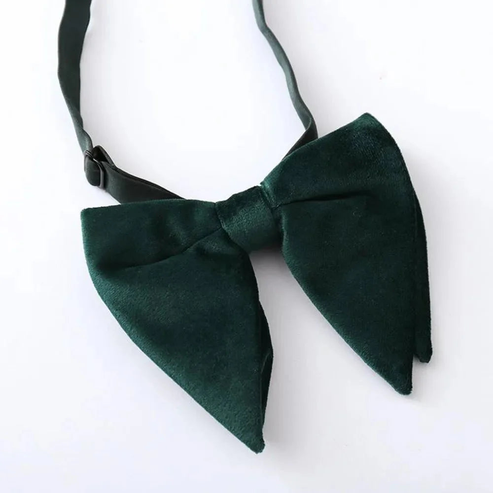 Large velvet bow tie for men, formal flannelette style, shown with a matching handkerchief, ideal for weddings and tuxedo outfits.