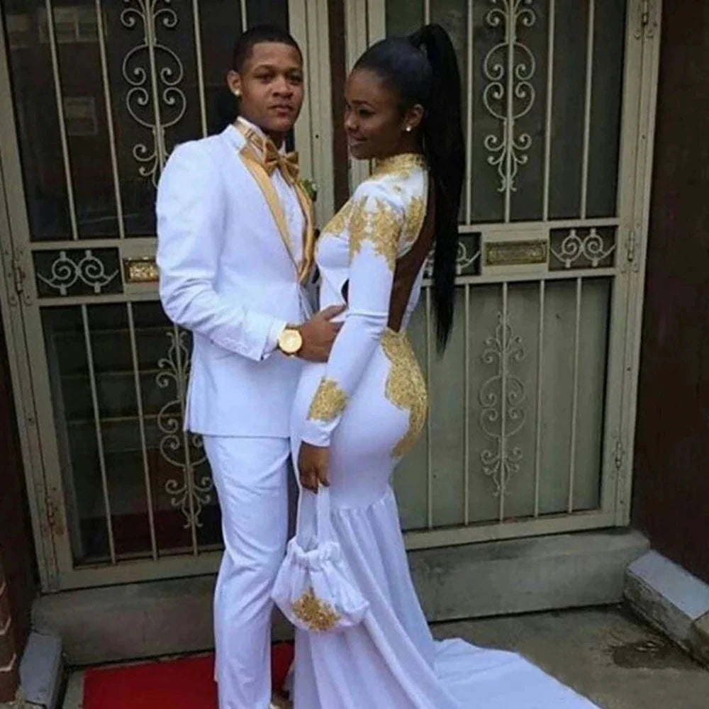 Men's gold lapel tuxedo suit by SHOWLU FASHION STORE, slim fit 2-piece set with blazer and matching pants, formal wedding or prom attire.