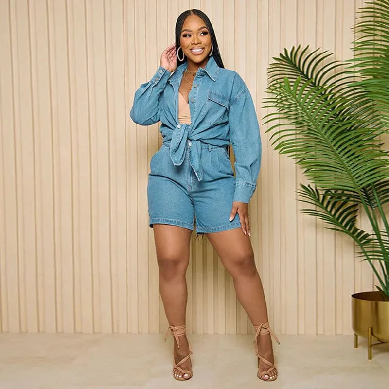 Women's denim 2-piece set by SHOWLU FASHION STORE featuring a loose long sleeve jacket and matching shorts for casual spring style.