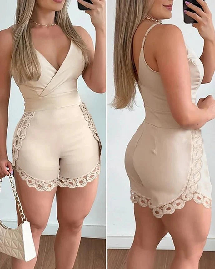 SHOWLU FASHION WOMEN'S V-Neck Ruched Romper with high waist, sleeveless design, spaghetti straps, and skort style for elegant summer wear.