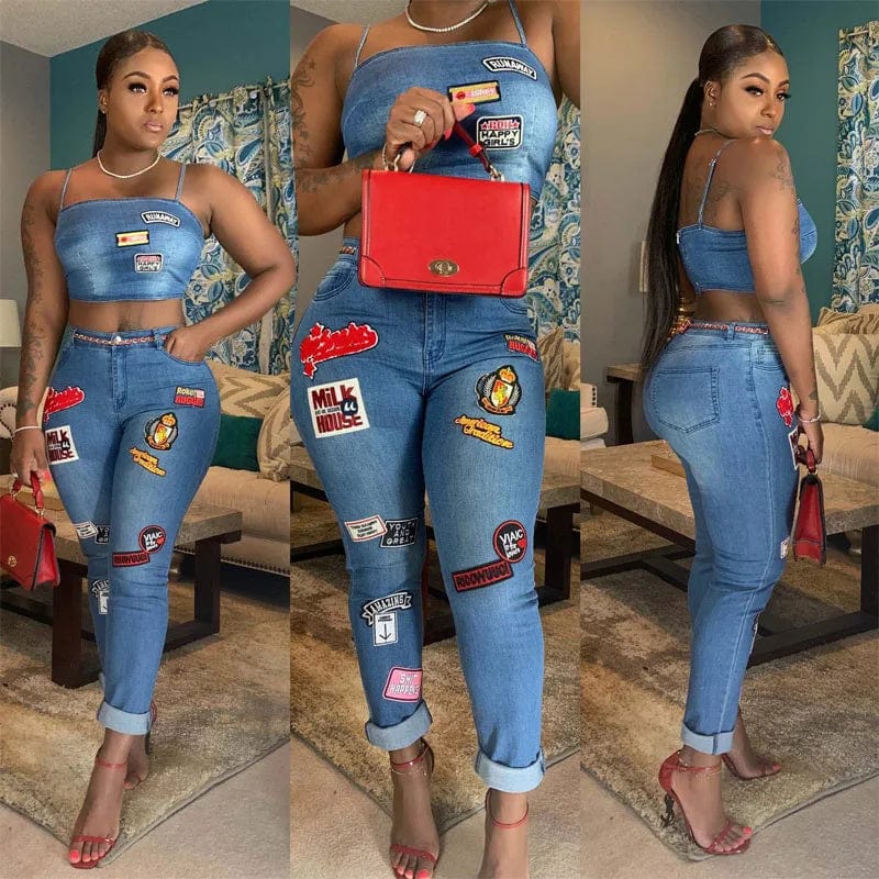 Women's cartoon sticker skinny jeans and cami set featuring off-shoulder straps and high-waist fit from Showlu Fashion Store.