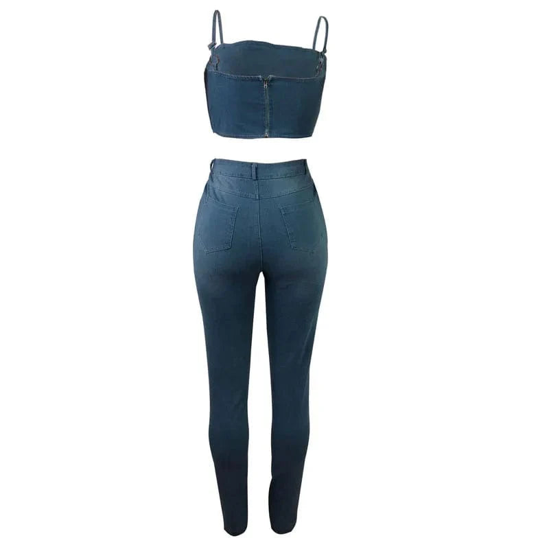 Women's cartoon sticker skinny jeans and camisole set, off-shoulder strap tops, high-waist casual fashion by Showlu Fashion Store