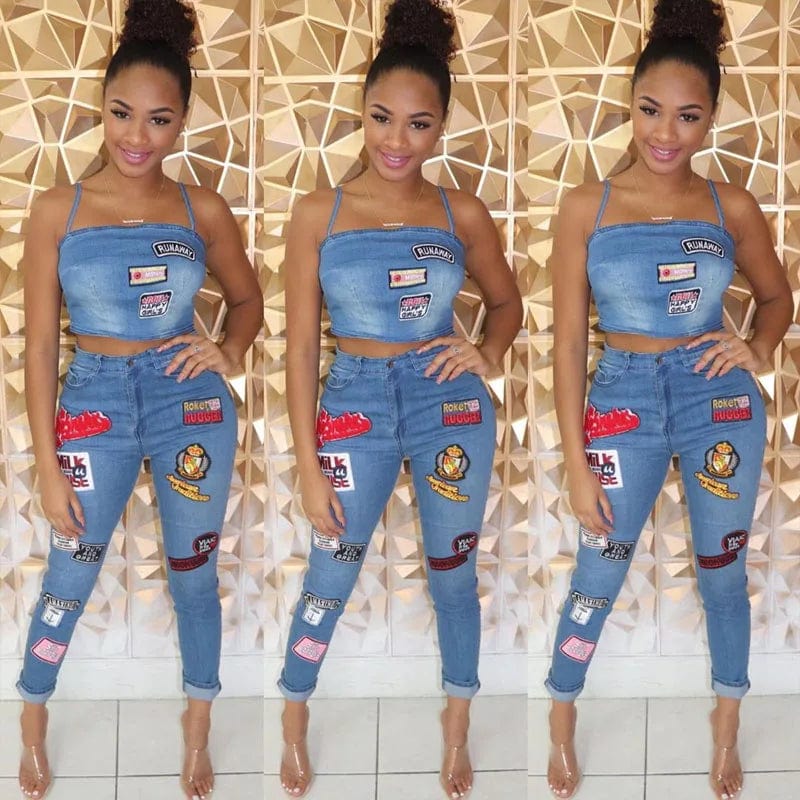 Women's cartoon sticker skinny jeans and camisole set featuring off-shoulder straps, high waist, casual style by Showlu Fashion.