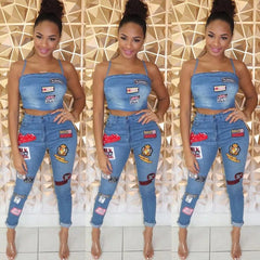 Fashion Women's Jeans Set Sexy Off Shoulder Strap Camisole Tops and High Waist Skinny Jean,Cartoon Sticker Jeans Casual Set - SHOWLU FASHION STORE