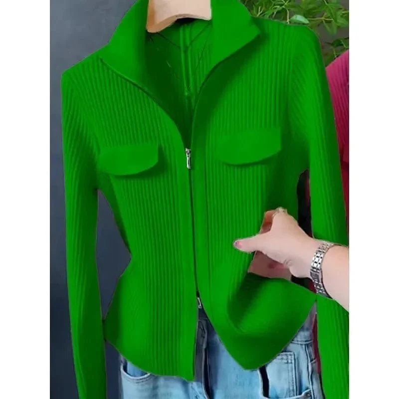 SHOWLU Women's knitted cardigan sweater with slim fit, zipper front, wool blend material, short length, solid color, turn-down collar.