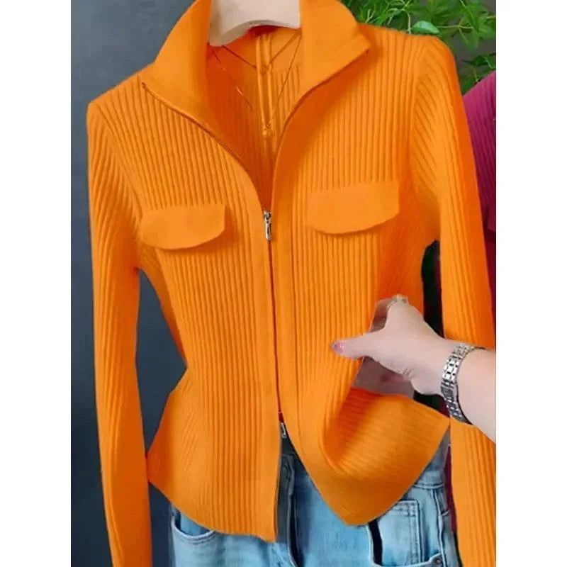 SHOWLU Women's knitted cardigan sweater with slim fit, wool blend, zipper front, turn-down collar, solid color, perfect for spring and autumn.