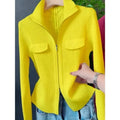SHOWLU Women's knitted cardigan sweater with slim fit, zipper front, wool blend fabric, short length, in solid color.