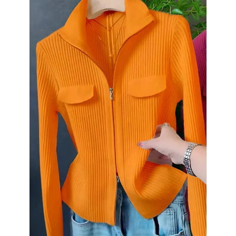 SHOWLU Women's knitted cardigan sweater with slim fit, zipper front, wool blend, solid color, perfect for spring and autumn.