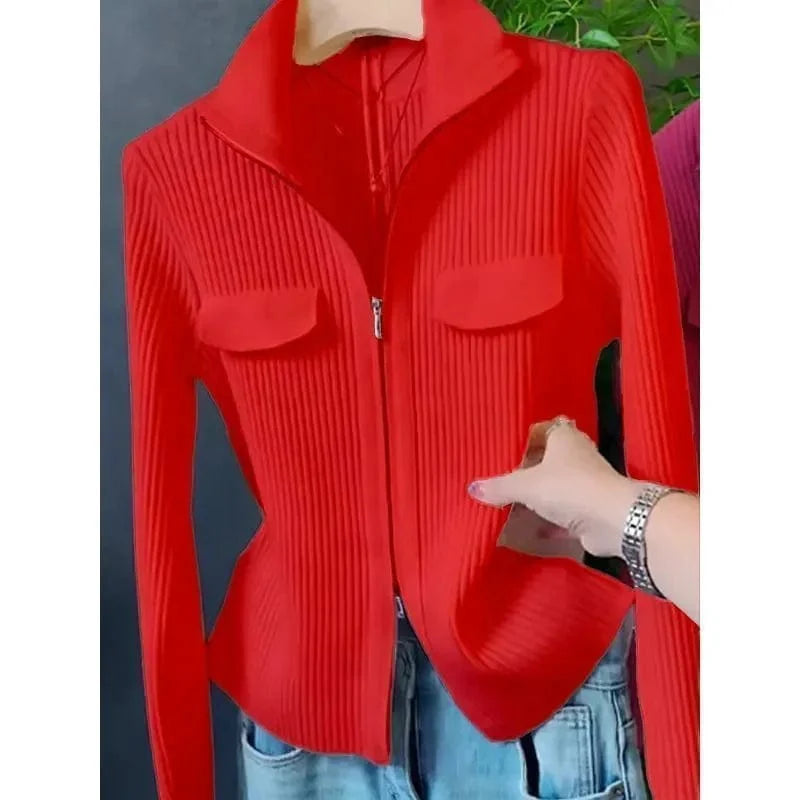 SHOWLU Women's slim fit knitted cardigan sweater with zipper, wool blend, turn-down collar, solid color, perfect for spring and autumn.