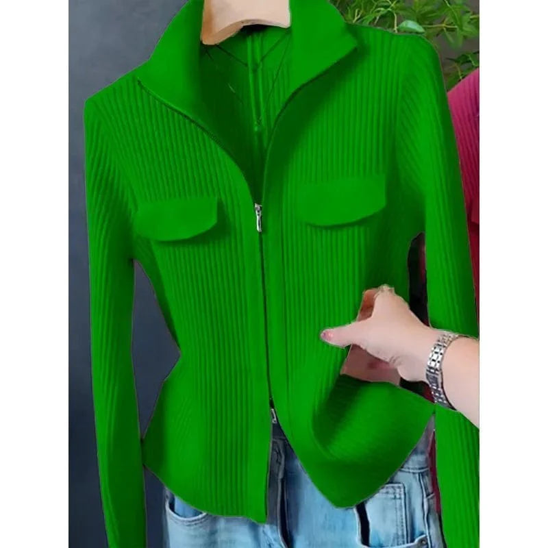 SHOWLU Women's slim fit knitted wool blend cardigan with zipper, short style, turn-down collar, solid color, perfect for spring and autumn.