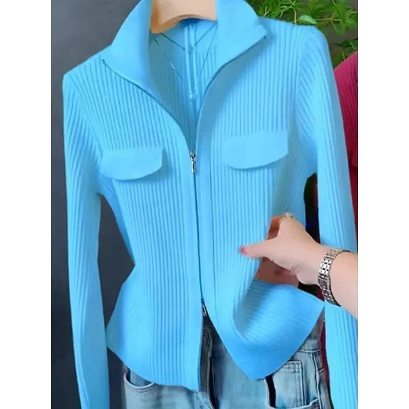 SHOWLU Women's slim fit knitted wool blend cardigan sweater with zipper, turn-down collar, solid color, versatile for spring and autumn.