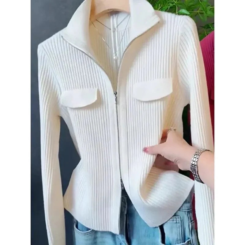 SHOWLU Women's knitted slim fit cardigan sweater with zipper, wool blend, short design, solid color, perfect for spring and autumn wear.