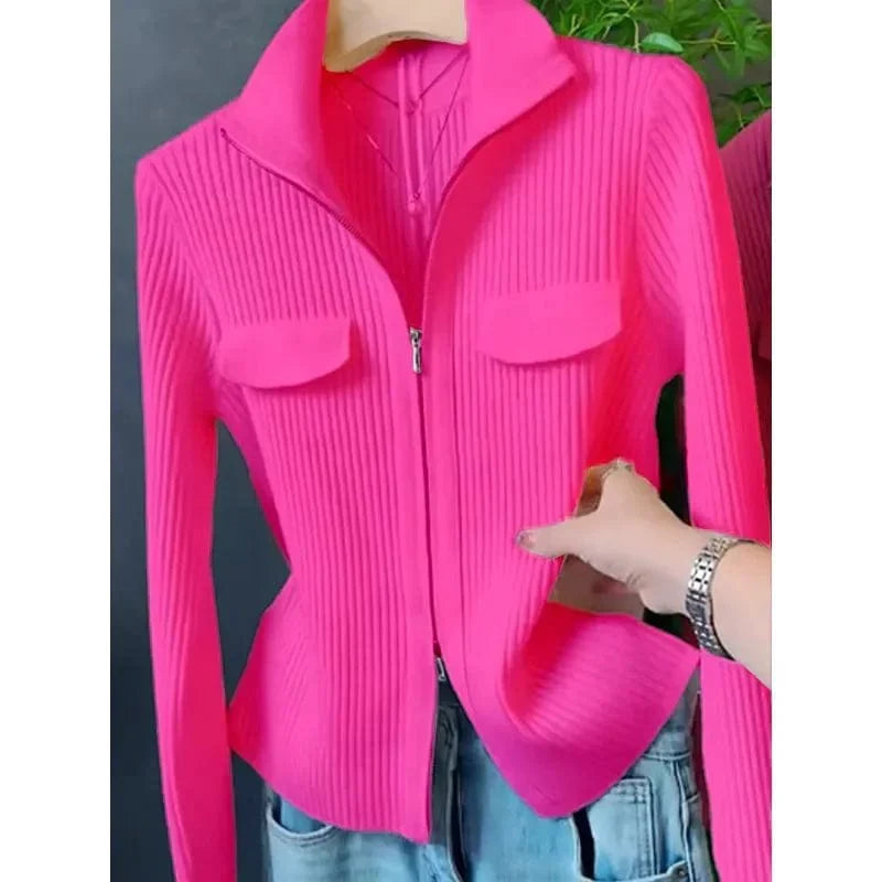 SHOWLU Women's knitted cardigan sweater with slim fit, zipper front, wool blend, solid color, perfect for spring and autumn.