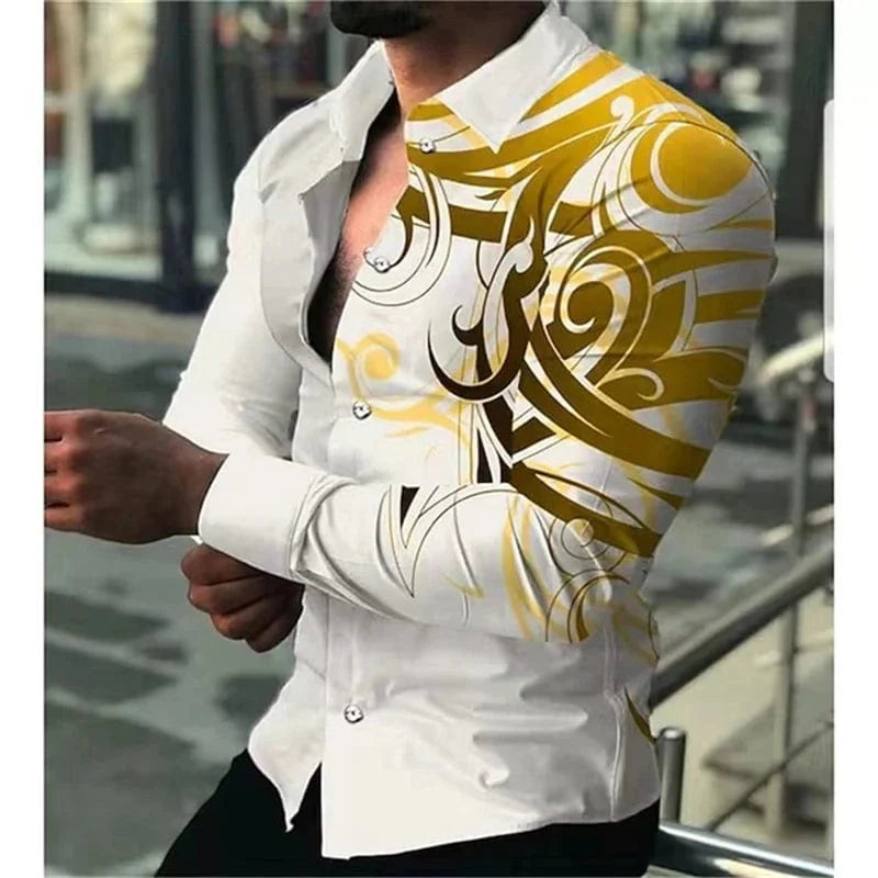 SHOWLU FASHION men's printed casual long sleeve shirt with lapel collar, stylish luxury social wear for men in various sizes.