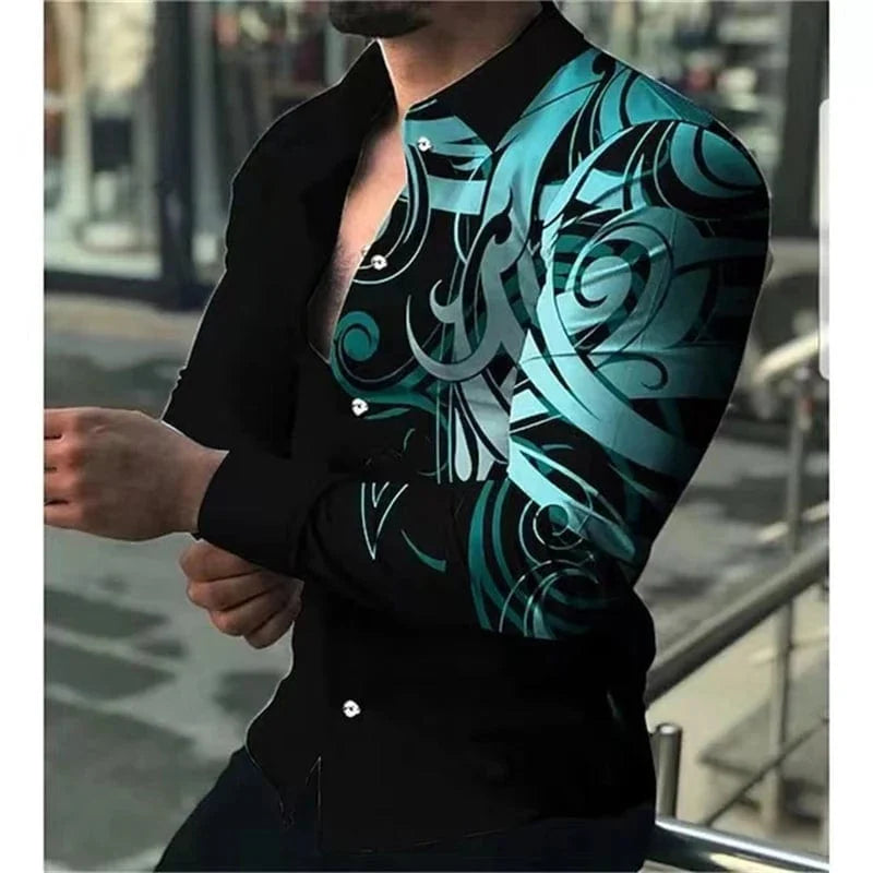 SHOWLU FASHION men's printed casual long sleeve shirt with lapel, stylish and comfortable men's top in various sizes.
