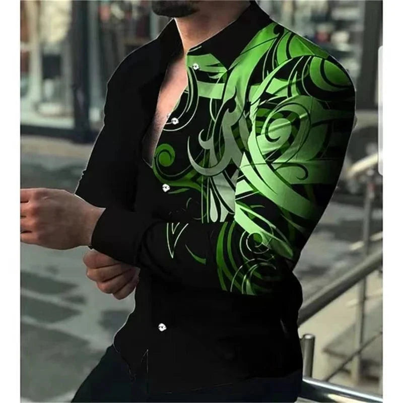 SHOWLU FASHION men's printed casual long sleeve shirt with lapel, stylish and comfortable for everyday wear