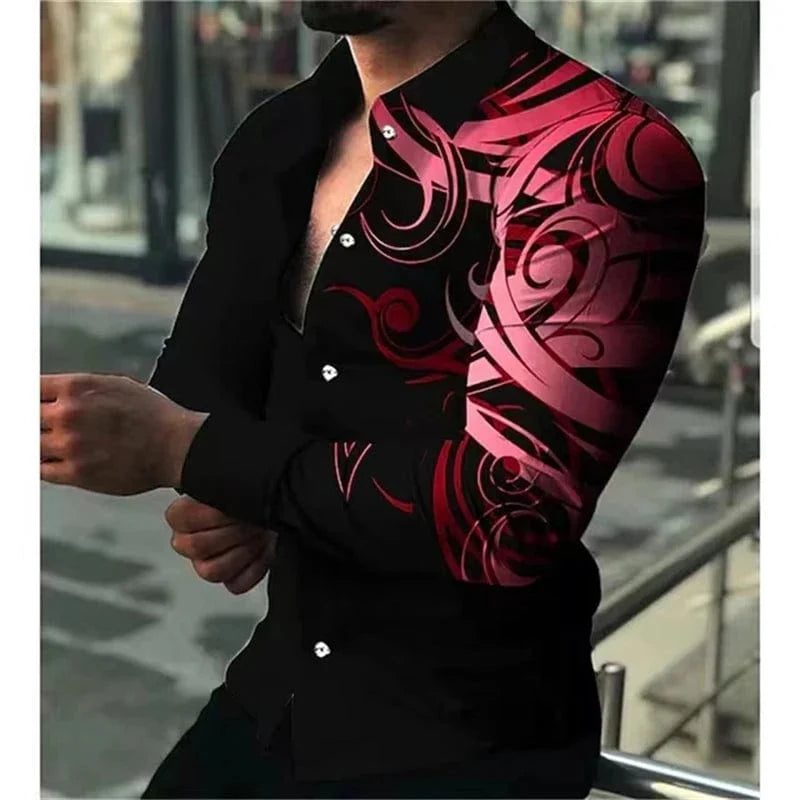 SHOWLU FASHION men's printed casual long sleeve shirt with lapel, stylish luxury design, available in extra-large sizes.