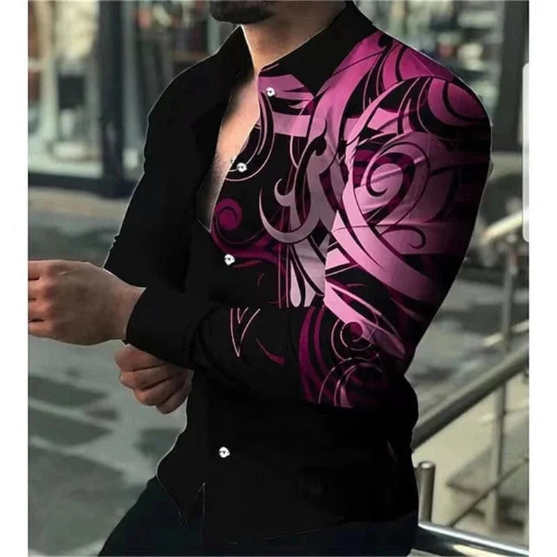 SHOWLU FASHION men's printed casual long sleeve shirt with lapel, stylish and comfortable for everyday wear