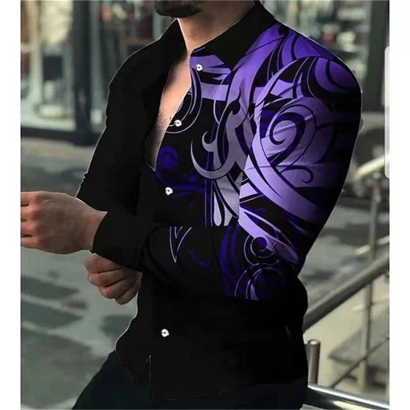 SHOWLU FASHION men's printed casual long sleeve shirt with lapel collar, stylish and comfortable for everyday wear.