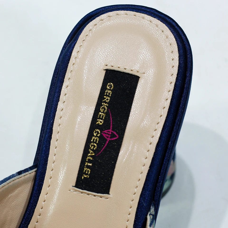 Showlu Fashion women's rhinestone print high heel pumps with round toe and elegant slingback design, perfect for summer parties.