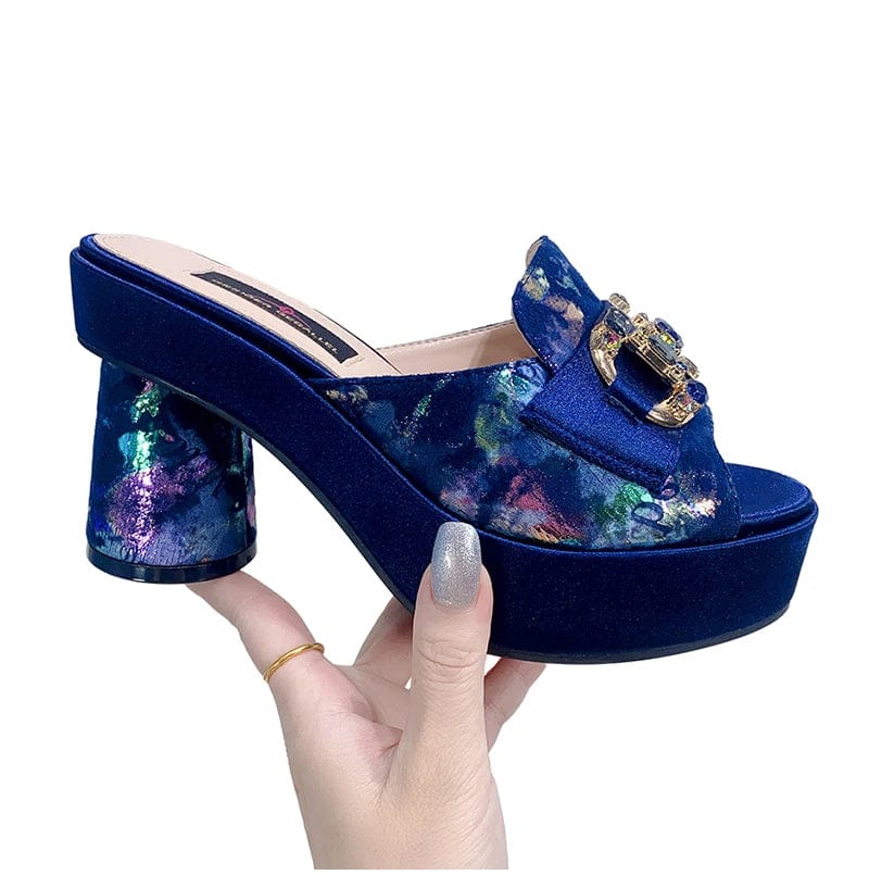 Showlu Fashion women's rhinestone print high heel pumps with round toes and elegant slingback design for summer parties.