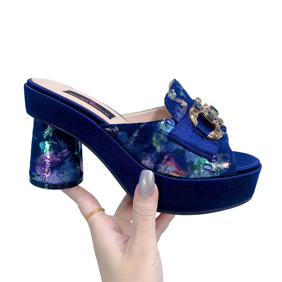 Showlu Fashion women's rhinestone print high heel pumps with round toe and elegant slingback design, perfect for summer parties.