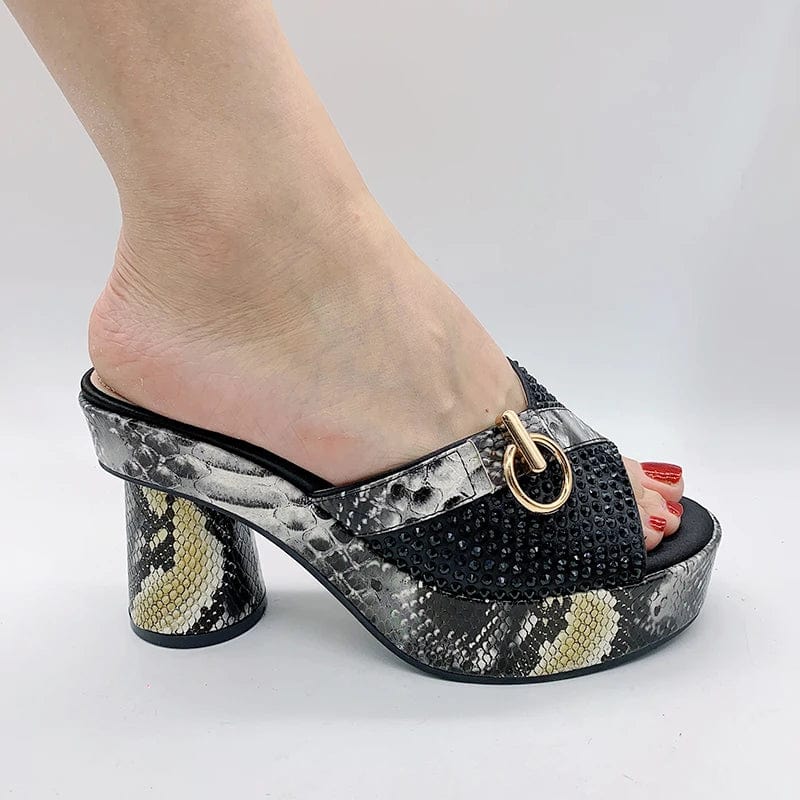 Showlu Women's snake print diamond high heels with elegant round toe, luxury Italian design, perfect for summer fashion.