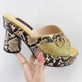 Showlu Women's snake print diamond high heels with elegant round toe and bright pattern, stylish summer pumps with high heels.