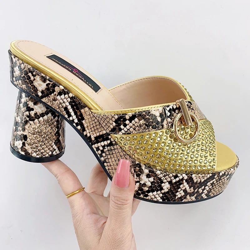 Showlu Women's snake print diamond high heels with elegant round toe, stylish summer pumps featuring bright diamond accents.