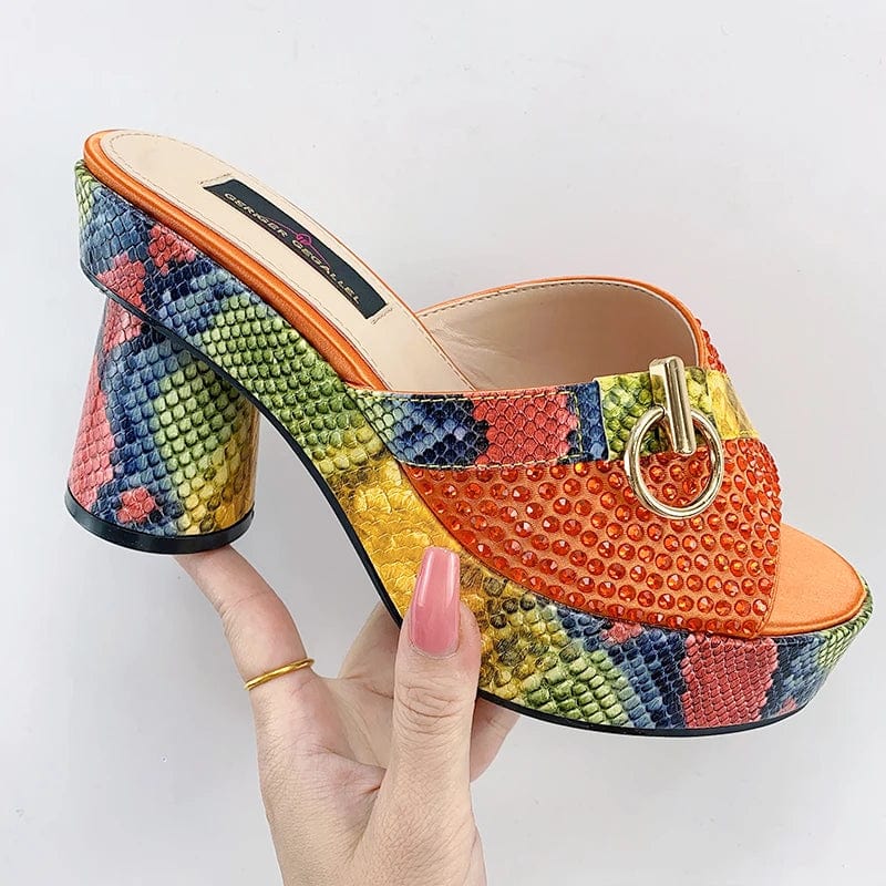 Showlu Women's Snake Print Diamond High Heels with elegant round toe, stylish summer pumps featuring bright diamond accents and high heels.