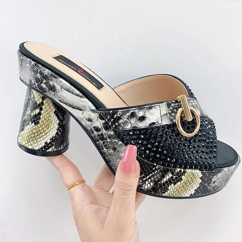 Showlu Women's Snake Print Diamond High Heels with elegant round toe design and bright, luxurious summer shoe style.