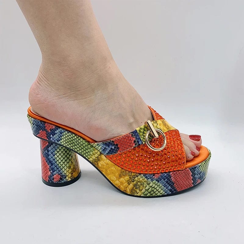 Showlu Women's snake print diamond high heels with elegant round toe, stylish Italian design for summer fashion.