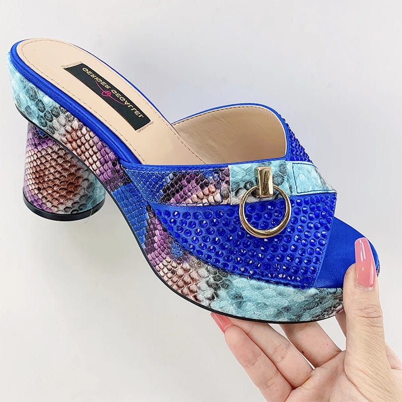 Showlu Women's snake print diamond high heels with elegant round toe design, stylish summer pumps with high heels and bright pattern.