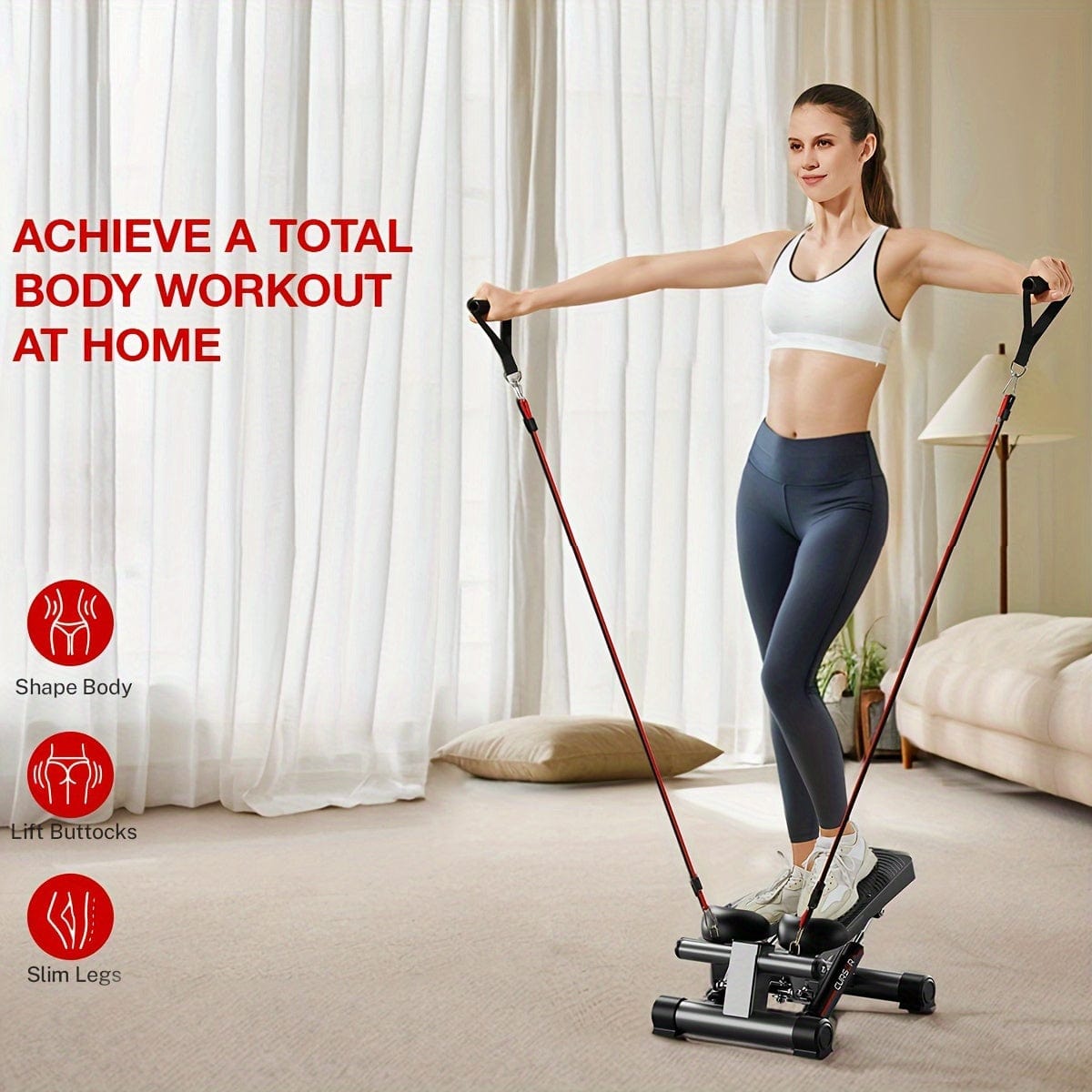 ProFlex Mini StairMaster pedal exerciser with resistance bands for full-body cardio, fat burning, and leg training at home.