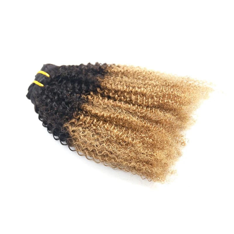 Afro kinky curly clip-in hair extensions made of 100% raw Brazilian virgin hair, showcasing natural curls and high-quality texture.