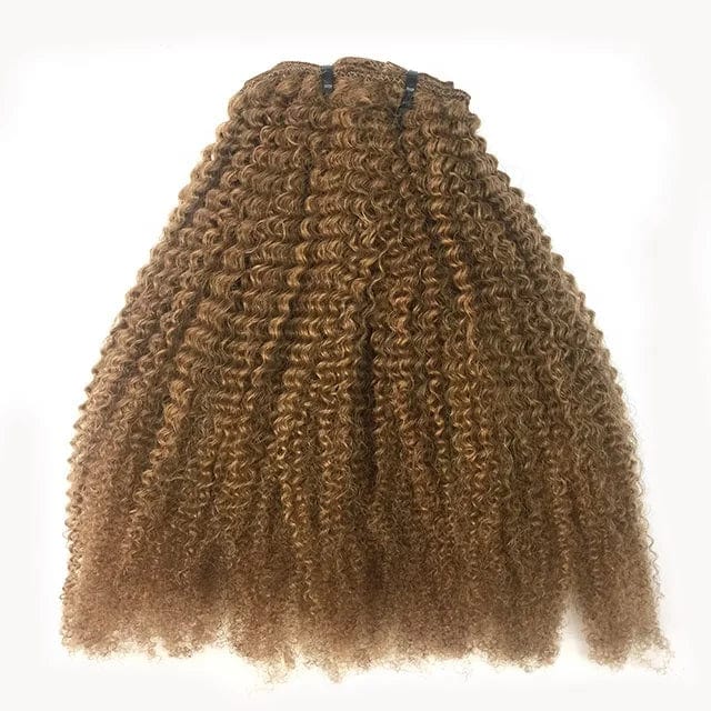 Afro kinky curly clip-in hair extensions in natural Brazilian virgin hair, showing the textured curly strands and clip attachments.