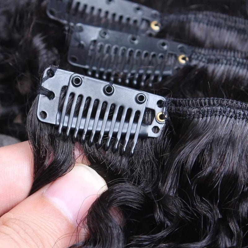 Afro Kinky Curly Clip-In Hair Extensions made of 100% raw Brazilian virgin hair with natural curl texture.