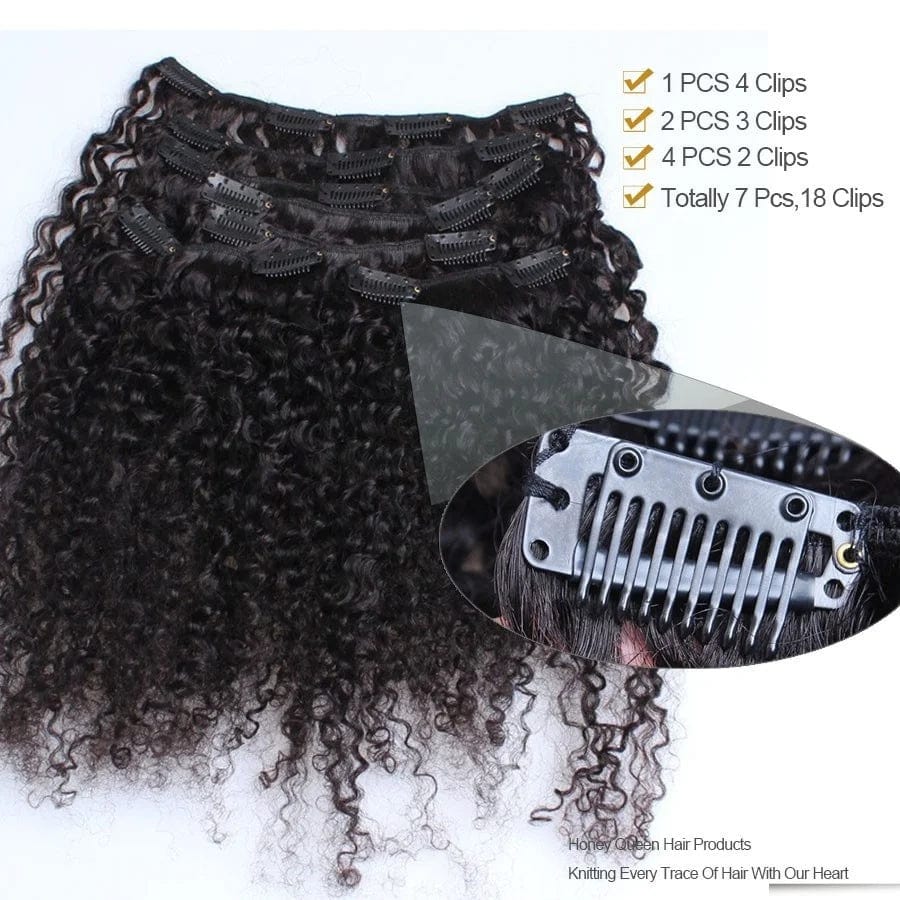 Afro kinky curly clip-in hair extensions made from 100% raw Brazilian virgin hair, showing the natural texture and color variations.