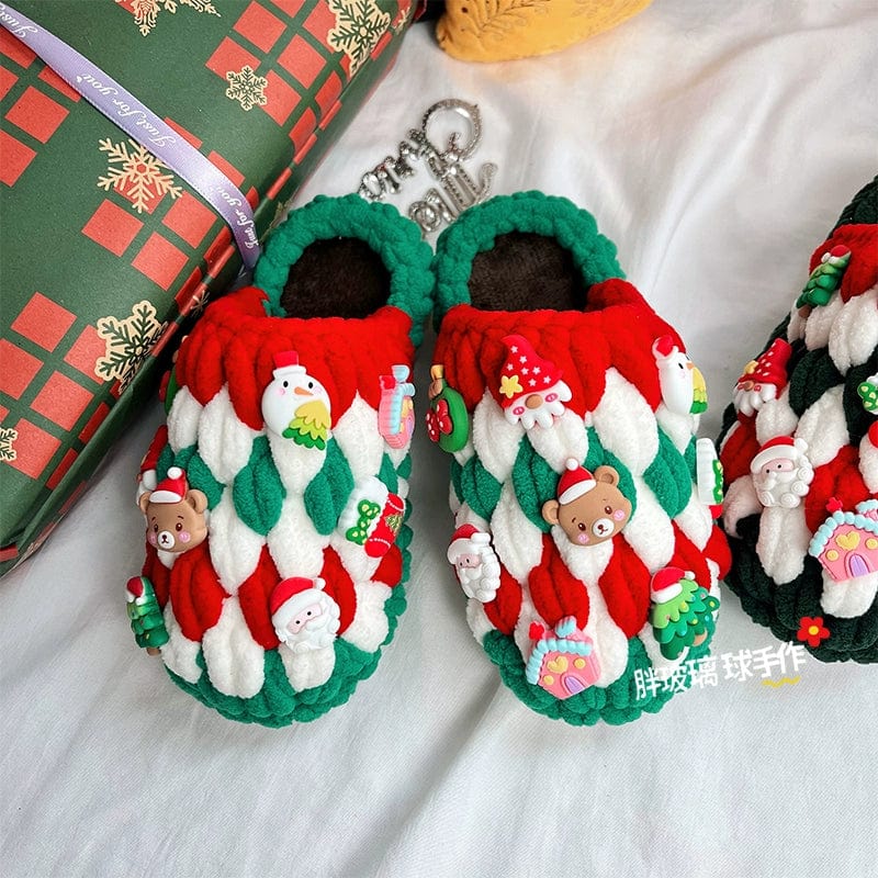 Showlu DIY hand-woven Christmas slippers with thick ice bar wool, featuring colorful crochet designs for children.