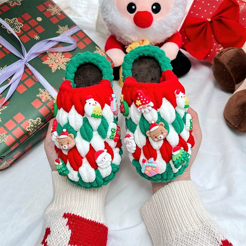 Showlu DIY hand-woven Christmas slippers made with thick ice bar wool, featuring colorful crochet designs for children.