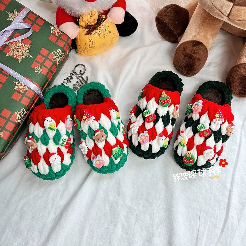 Hand-woven children's Christmas slippers with thick ice bar wool, DIY crochet kit by Showlu Fashion Store, featuring glass ball accents.