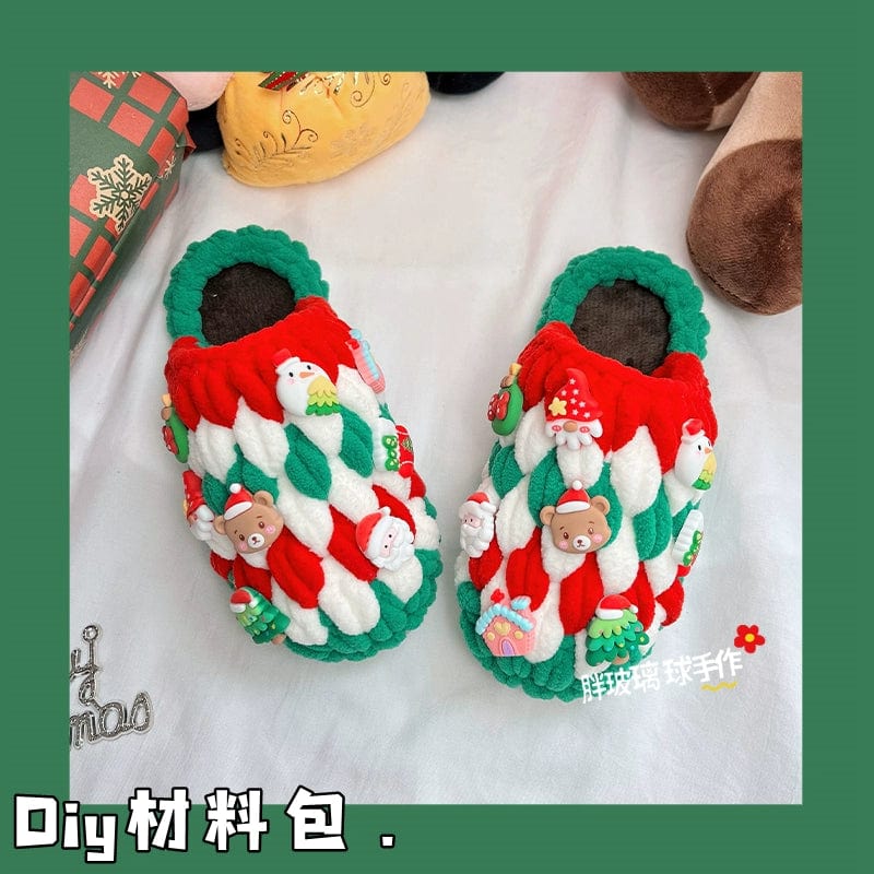 Handmade children's Christmas slippers woven with thick ice bar wool, part of Showlu DIY crochet slipper kit, featuring glass ball accents.